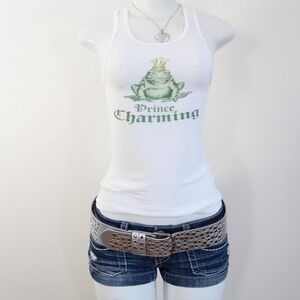 y2k frog prince charming graphic ribbed tank white baby tee size S